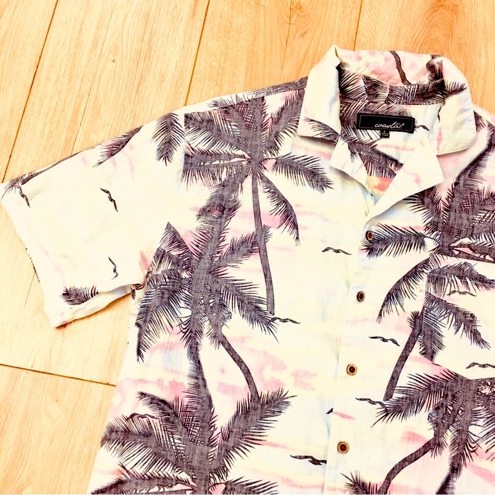 Men's Pink Palm-Print Short Sleeve Shirt button up beach coastal large - Picture 7 of 9